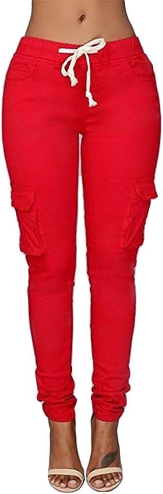 Caat Aycox Womens Solid Color Stretch Drawstring Skinny Pants Cargo Joggers Red XL= US L