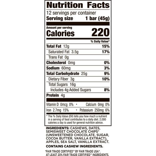 LARABAR CHOCOLATE CHIP COOKIE DOUGH, FRUIT AND NUT BARS, GLUTEN FREE AND VEGAN, 19.2 OZ, 12 CT