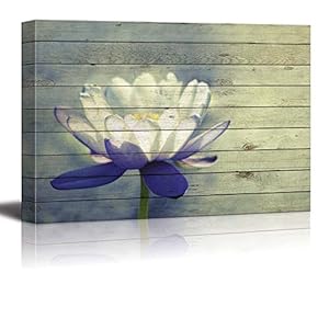 White Lily Flower with Purple Petals Over Wood Panels