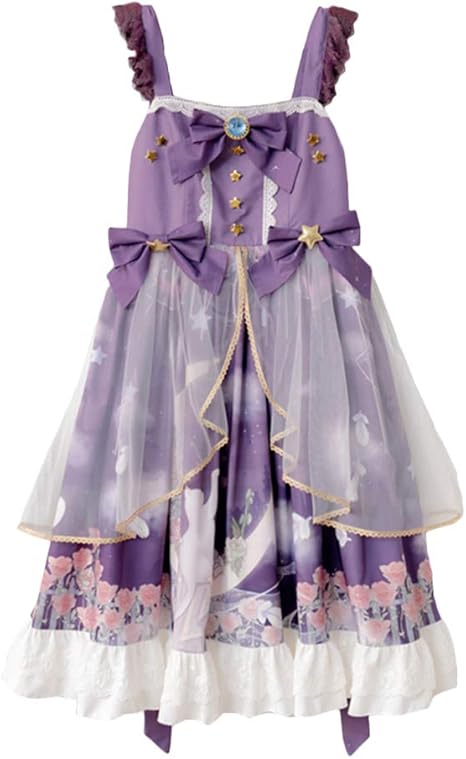 Amazon ワンピース ロリータ ジャンパースカート ロリータ服 ゴスロリ ゴシック 森ガール 女の子 姫 ドレス 可愛い ゆめかわいい 月 星 ねこ バラ コスプレ 衣装 学園祭 文化祭 イベント 写真撮影 ステージ衣装 紫 ジャンパースカート L コスプレ 仮装 通販