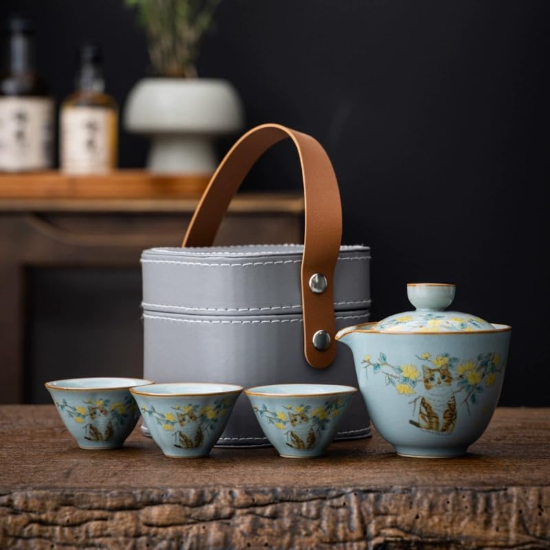 Photo 1 of RORA Travel Tea Set - Portable Kungfu Ceramic Teapot Set with 1 Pot & 3 Cups, Calico Cat & Yellow Flowers Design, Ru Kiln Inspired, Perfect for Tea Lovers (Blue)