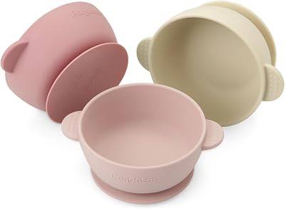 PandaEar Silicone Baby Bowls with Suction 3 Pack Pink Rose Linen