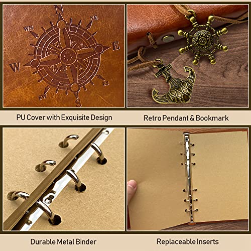 A5 PU Leather Notebook with Kraft Paper Refillable Vintage Refillable for Notebook Travel Journal, Bound Beautiful Travel Diary Ring Binder Sketchbook Vintage Notebook (A5 Brown)