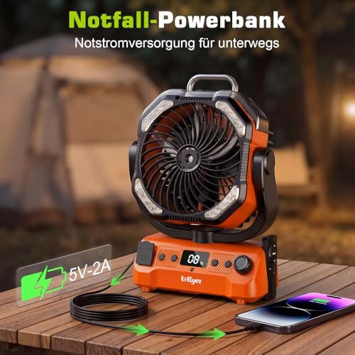 lollyes 20000 mAh Camping Fan Battery with Light, 0-100 Levels Adjustable Outdoor Fan with Spray Function and Remote Control, Quiet Table Fan with Timer, 360° Hook for Tent Fishing