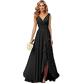 PINMJEE V-Neck Chiffon Ruffle Long Bridesmaid Dress with Slit Ruched A Line Formal Dresses Evening Gowns