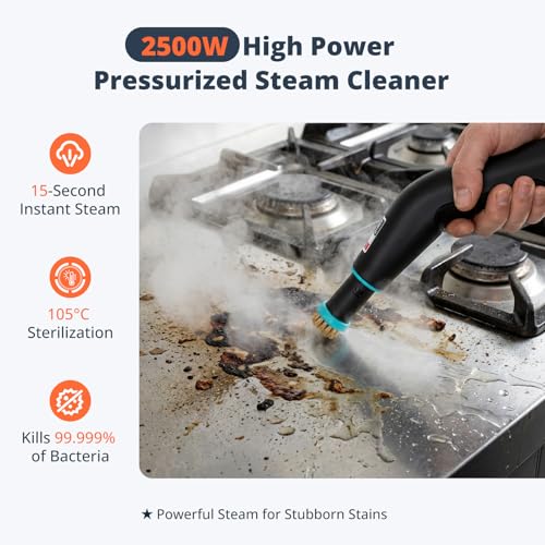 2500W Handheld Steam Cleaner – 4-Bar High Pressure, 15-Second Instant Heat-Up, 105°C Sterilizing Steam, 1250ml Large Tank, 6-Speed Adjustable with 10 Accessories for Kitchen, Bathroom, Car & Tile