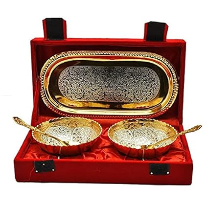 Choice Yourself Return Gift Silver And Gold Plated Brass Bowl And Tray Set Of 5 Pcs