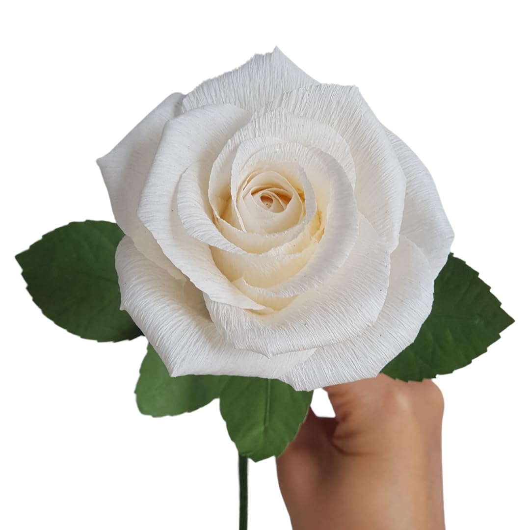 Camellia Bees Paper Rose Gift for Her, Handmade Crepe Paper Flower for 1st Wedding Anniversary, Valentine's Day Gift for Wife Girlfriend, Mother's Day, Birthday, Forever Rose That Never Wilts (White)