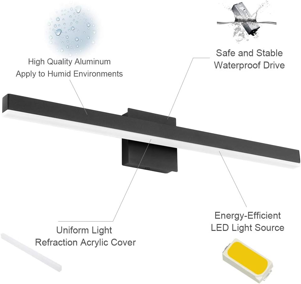 Aipsun 27.6 inch Modern Black Vanity Light LED Black Bathroom Vanity Light Fixtures Black Wall Light for Bathroom (White Light) - - 