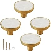 ESreake Gold Knobs for Dresser Drawers, Brass Decorative Cabinet Round Knobs, 1.25" Northern Europe/Chinese Style Pearl Shell Handles pulls knobs for Home Decor Furnitures (4 Pack, Snow White)