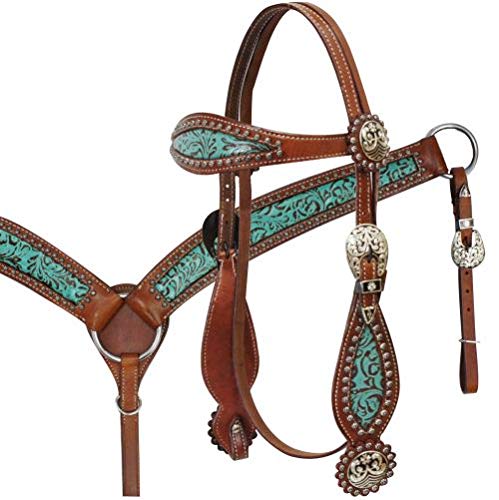 Showman Teal & Brown Filigree Headstall & Breast Collar Set w/Reins! New Horse TACK!