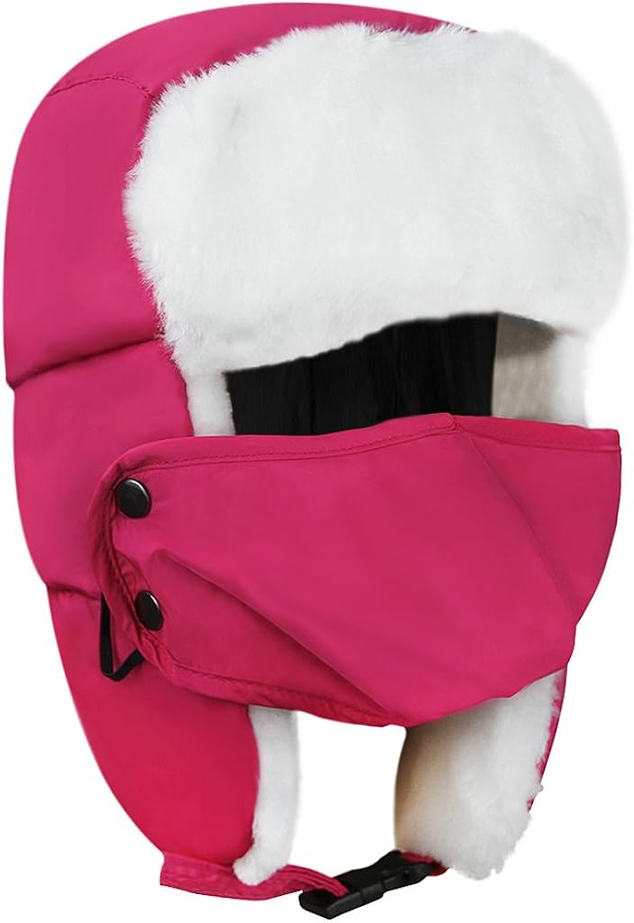 JIAHGUK Kids Trapper Hat Girls Boys Winter Bomber Hat Set including Faux Fur Ear Flap Windproof Cartoon Russian Trooper Pilot Aviator Hat Fleece Ski Cap Outdoor Headwear for 5-10Y Rose red