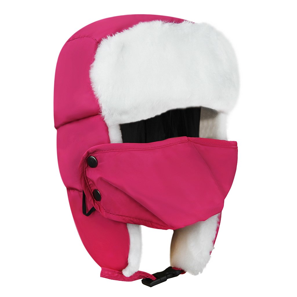 JIAHGUK Kids Trapper Hat Girls Boys Winter Bomber Hat Set with Faux Fur Ear Flap Windproof Cartoon Russian Trooper Pilot Aviator Hat Fleece Ski Cap Outdoor Headwear for 5-10Y Rose red