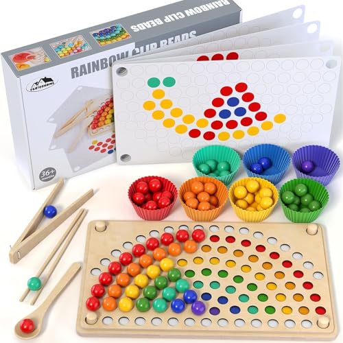 AM ANNA Wooden Peg Board Beads Game, Toddler Wooden Learning Montessori Toys for Kids 2-3 Years Old, Rainbow Stacking Matching Counting Color Sorting Games for Fine Motor Math Skills (Rainbow)