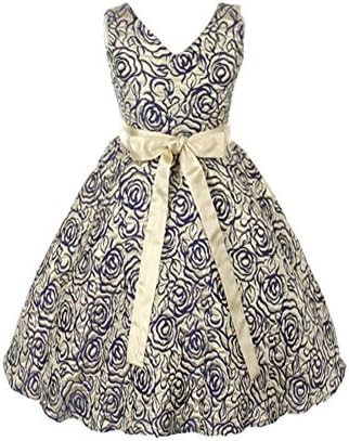 WonderfulDress Golden Broche Simple V-neck Girl Dress with Gold Sash-Royal Blue -12
