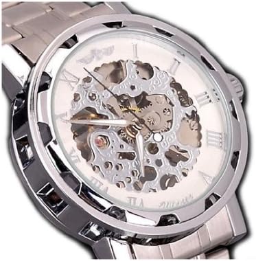 Luxury Mechanical Men's Steampunk Skeleton Mens Men Stainless Steel Wrist Watch-Silver&amp;White