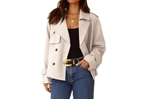 IDEALSANXUN Cropped Trench Coat for Women Spring Fall Trendy Double Breasted Long Sleeve Work Jackets Short Coats