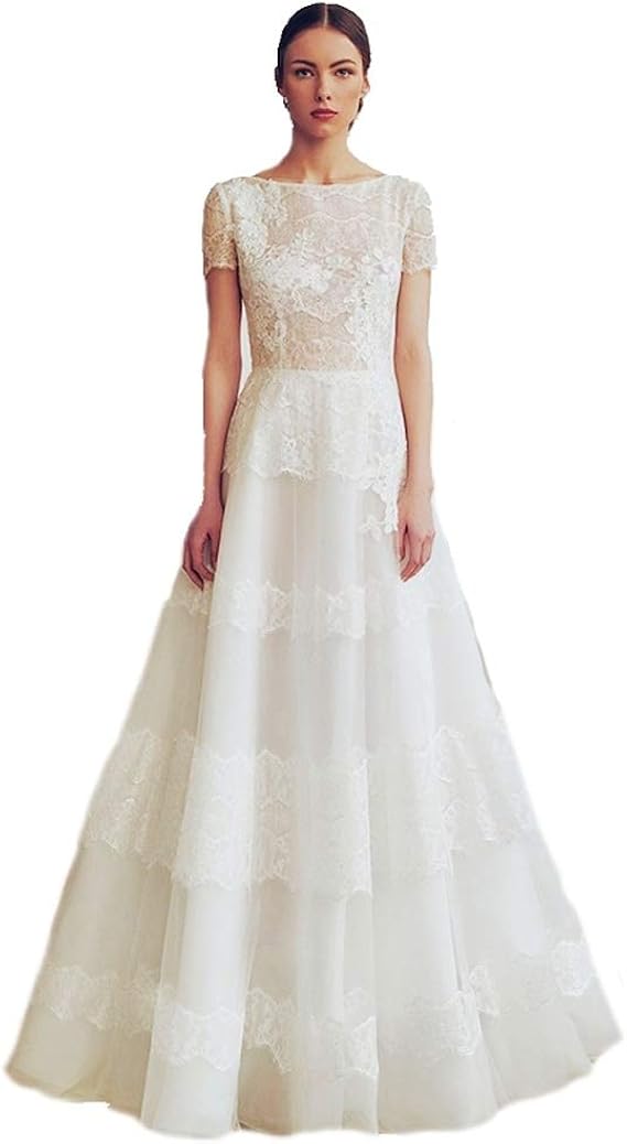 Amazon Obor Global オフホワイト 半袖 ソフトレース ボヘミア 屋外の写真 ワンピース ロングドレス トレーン スレンダーライン シンプル ウェディングドレス ステージドレス イブニングドレス パーディ演奏会 二次会 披露宴 結婚式ドレス イブニングドレス 通販