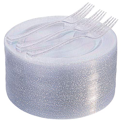 72 Pcs Plastic Dessert Plates 7.5" & Silver Forks 7.4", Silver Glitter Disposable Plates, Plastic Salad Plates for Appetizer