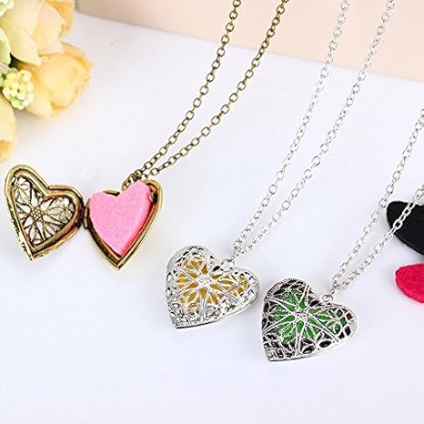 8 Colors Mesh Pads Copper Locket Hollow Heart Pendant Essential Oil Diffuser Necklace Jewelry Gifts for Women Morenitor Heart Diffuser Necklace