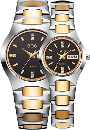 BOS His or Hers Black Waterproof Stainless Steel Quartz Wrist Watch for Men Women Couple Watches 8006