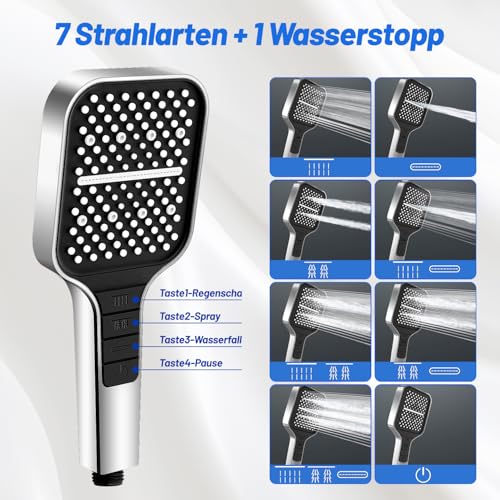 VEHHE Duschkopf Wassersparend, 7 Strahlarten Duschkopf Regendusche mit Stopptaste, Einhand-Einstellung und Anti-Stau-Silikondüse, Gross Duschbrause Druckerhöhend（Silber） thumbnail 2