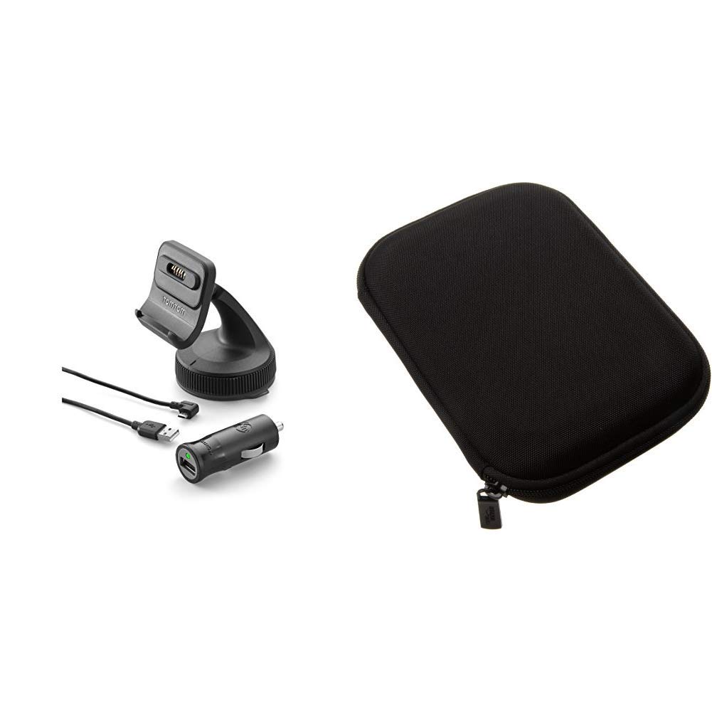 TomTom Sat Nav Windscreen Mount Click-and-Drive plus Car Charger and USB Cable for all TomTom 5''and 6''GO and GO Professional Models & Amazon Basics Hard Black Carrying Case for 5-Inch/12.7 cm
