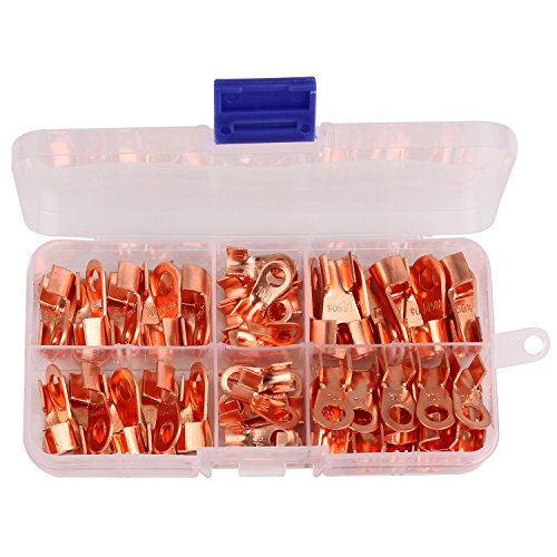 Icstation Open Barrel Copper Ring Lug Terminals Wire Crimp Connector Assortment Kit OT 10A 20A 30A 40A 50A (Pack of 70)