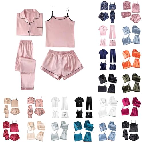 Ladies Silk Pyjamas Women Satin Pyjamas 4pcs Silk Pyjama Set Short Sleeve Button Down Sleepwear Breathable Cami and Shorts Pjs Set Loungewear Comfortable Elastic Waisted Trousers Woman Pink XXL