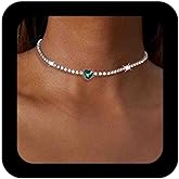 Iaceble Boho Rhinestone Heart Choker Necklace Green Heart Collar Necklace Silver Tennis Chain Necklace Gemstone Heart Necklace Chain Jewelry for Women