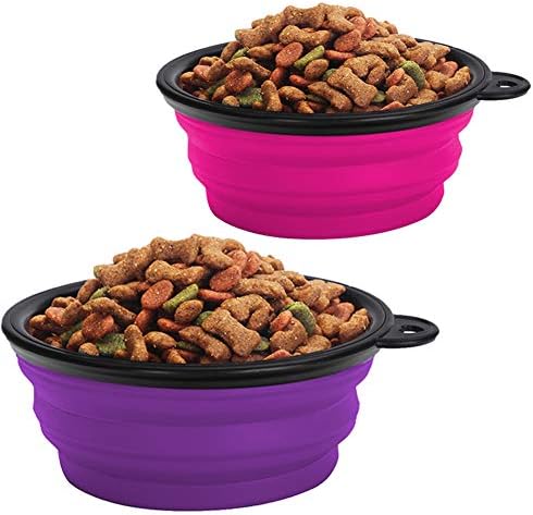 KIQ Pop-up Dog Bowl & Pet Bowl Collapsible Travel Silicone Camping/Hiking/Walking Crate Dish Bowl with Carabiner Clip [2 Cup Set] Travel-Size Folding Dog Portable (Pink/Purple, Large)