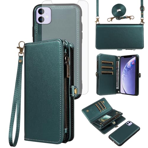 Asuwish Phone Case for iPhone 11 6.1 Zipper Wallet Detachable Cell Cover with Screen Protector Crossbody Lanyard Strap Flip Card Holder Slot iphone11case iPhone11 i Phone11 11s XI 11R Dark Green