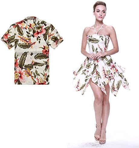 Couple Matching Hawaiian Luau Aloha Shirt Gypsy Dress in Cream Rafelsia