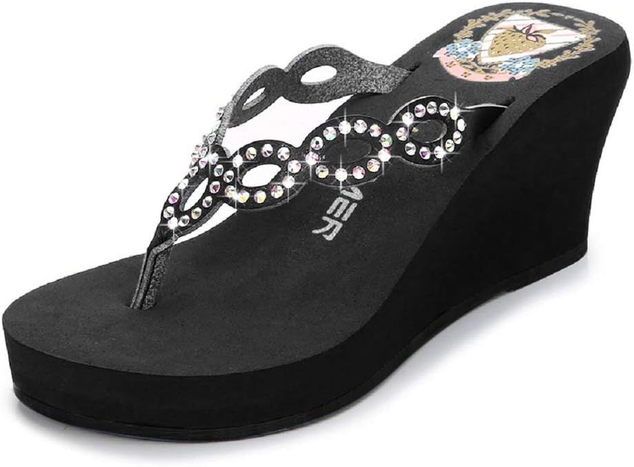 Women Lady Girl Many Rhinestones Flip Flops Wedge Platform Sandals Thongs Casual