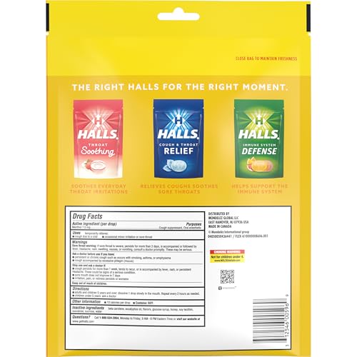 HALLS COUGH AND THROAT RELIEF HONEY LEMON COUGH DROPS, BULK PACK, 140 DROPS