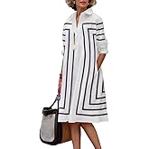 UOOZEE Women's Long Sleeve Button Down Shirt Dress Collar V Neck Loose Fit Casual A-Line Dresses with Pockets