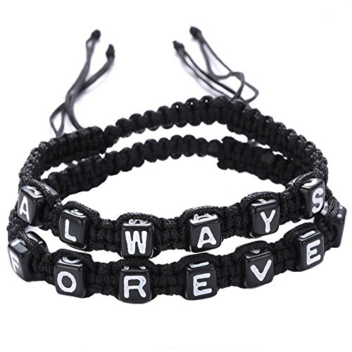 Rullar Shlonger Handmade Always Forever Couples Cuff Strentch Chain Bracelets Set for Lover Letter Rope Friendship Bracelet 2PCS black