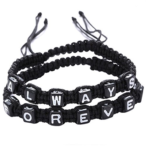 Rullar Shlonger Handmade Always Forever Couples Cuff Strentch Chain Bracelets Set for Lover Letter Rope Friendship Bracelet 2PCS Black