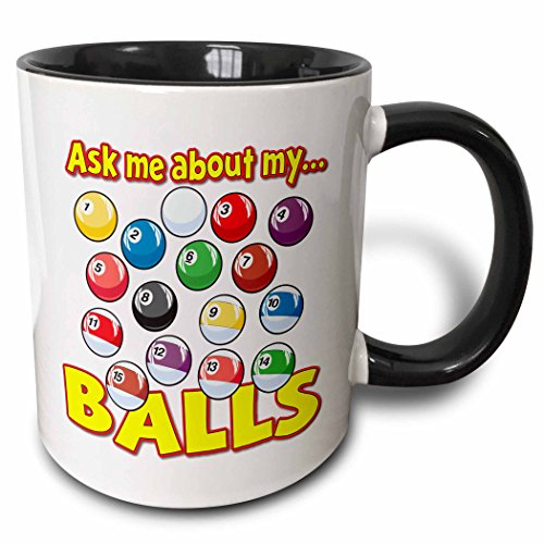 3dRose Funny Ask Me About My Balls Pool Billiards Humor Design Two Tone Mug, 11 oz, Black
