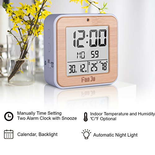 FanJu FJ3533 Digital Alarm Clock Battery Operated with Dual Alarm/Auto Night Light/Indoor Temperature and Humidity/Snooze and Date for Home