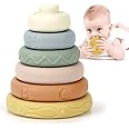 BOBXIN Stacking & Nesting Rings Toy, Soft Circle Stacker, 6 pcs Building Stacker,Teethers for Baby, Squeeze Play with Letter, Animal and Graphic, Toddler Learning Toys for 6 Month Old Boys Girls