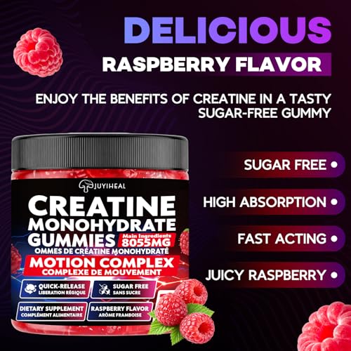 JUYIHEAL 8-in-1 Creatine Monohydrate Gummies, 8055 mg Creatine Complex Gummies for Enhanced Muscle Growth, Energy Boost - with L-Taurine, B6, Sugar Free Creatine Supplement, 120 Count, Vegan, Raspberry Flavor