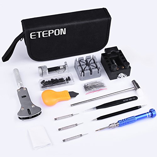 ETEPON Professional Watch Repair Kit Tool Watchmaker Case Back Opener Watch Band Buckle Remove with Scaled Spring Bar Pin Tweezers Screwdriver Case Band Holder Removal ET015
