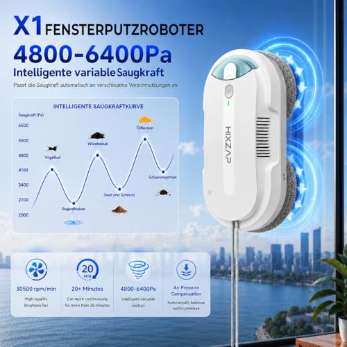 HIXZAP X1 Robot Window Cleaner with Two-Way Ultrasonic Spray, Double Propeller, 4800-6400pa, 85 ml Tank, Edge Detection, Smart Navigation, for Windows and Mirrors (White)