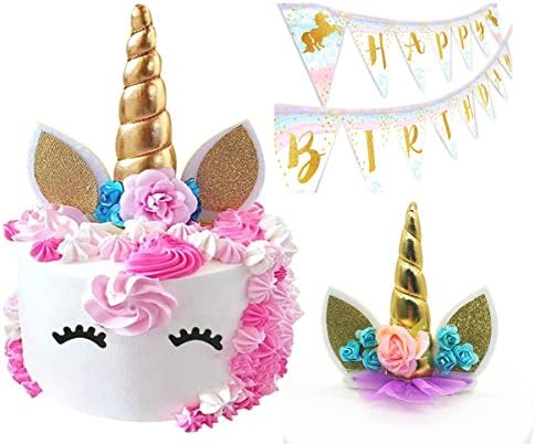 GTrends Unicorn Cake Topper - Handmade Gold Horn, Ears, Eyelashes and Flowers set plus Gold Happy Birthday Banner - Great Unicorn Party Supplies Decorations for baby shower, wedding or birthday party