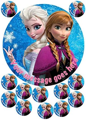 Frozen Princesses Elsa & Anna 19 cm Round Fondant Icing Edible Cake Topper & 12 x 3.8cm Round Toppers (Birthday Pack)