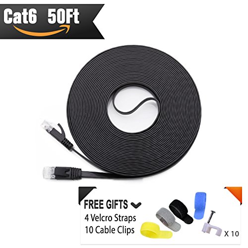 Cat-6-Ethernet-Cable-50-ft-At-a-Cat5e-Price-but-Higher-Bandwidth-Cat6-Internet-Network-Cable-Flat-Ethernet-Patch-Cable-Short-Black-Computer-Lan-Cable-Free-Cable-Clips-and-Straps