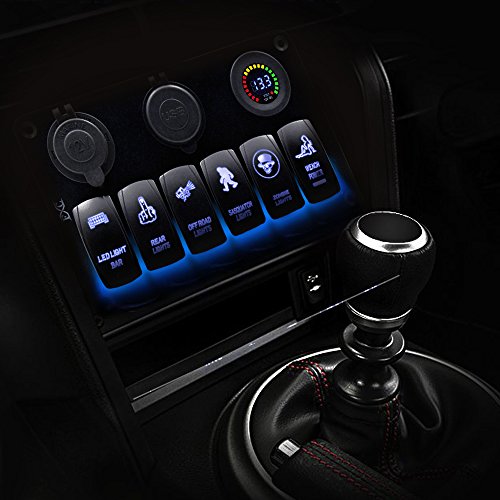 FXC Waterproof Marine Boat Rocker Switch Panel 6 Gang with 4.2A Dual USB Slot Socket + Cigarette Lighter + Voltage Monitor Alarm LED Light for Car Rv Vehicles Truck