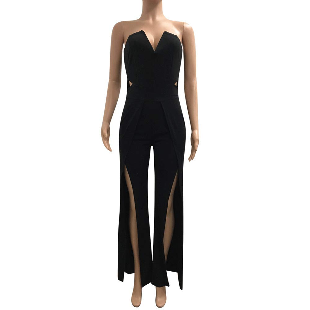 Womens Off Shoulder Sleeveless Jumpsuit - Elegant Cocktail Wide Split Leg Strapless One Piece Rompers Playsuit Black