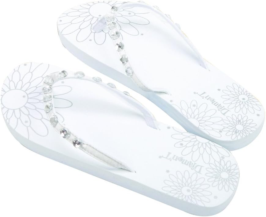 Diamon't Just Married Diamante Flower Pattern Womens Flip Flops Medium 5-6 - White